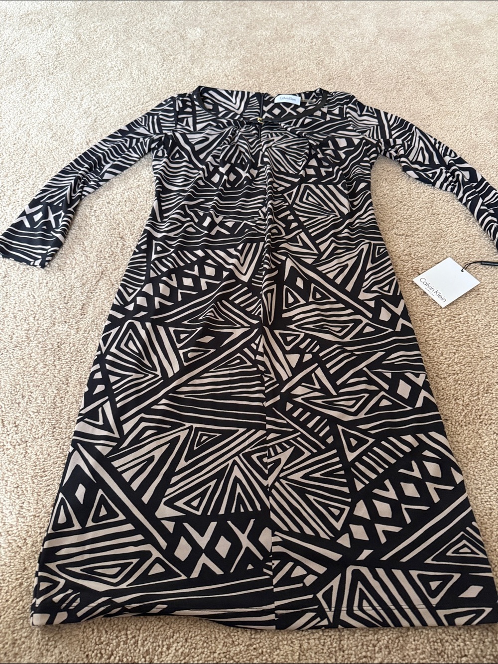 Calvin Klein Black and Beige Geometric-Print Long Sleeve Dress